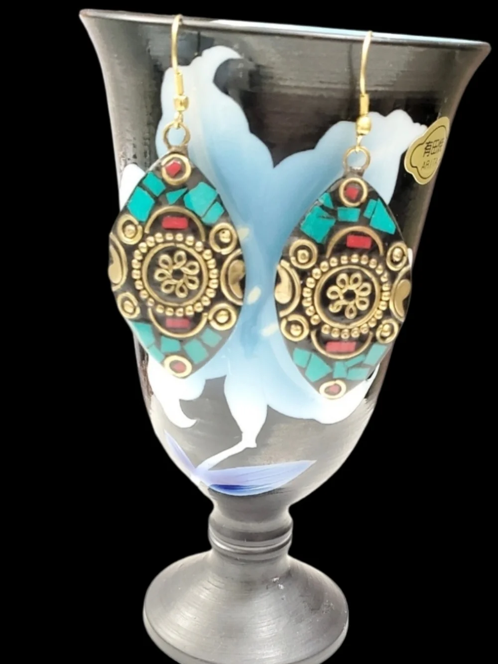 Tibetan Style Blue & Red Turquoise Dangle Earrings - Picture 2 of 6